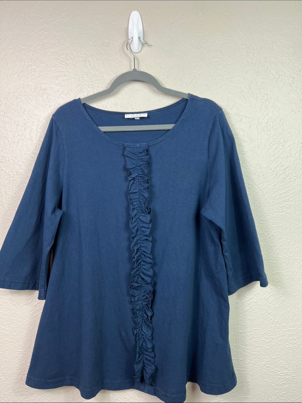 Bryn Walker Cotton Navy Blue 3/4 Sleeve Ruffle Front A-Line Tunic Top Medium